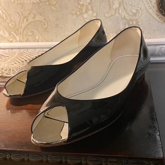 CHANEL Shoes - Chanel Black Patent Leather Peep Top Flats Size 38